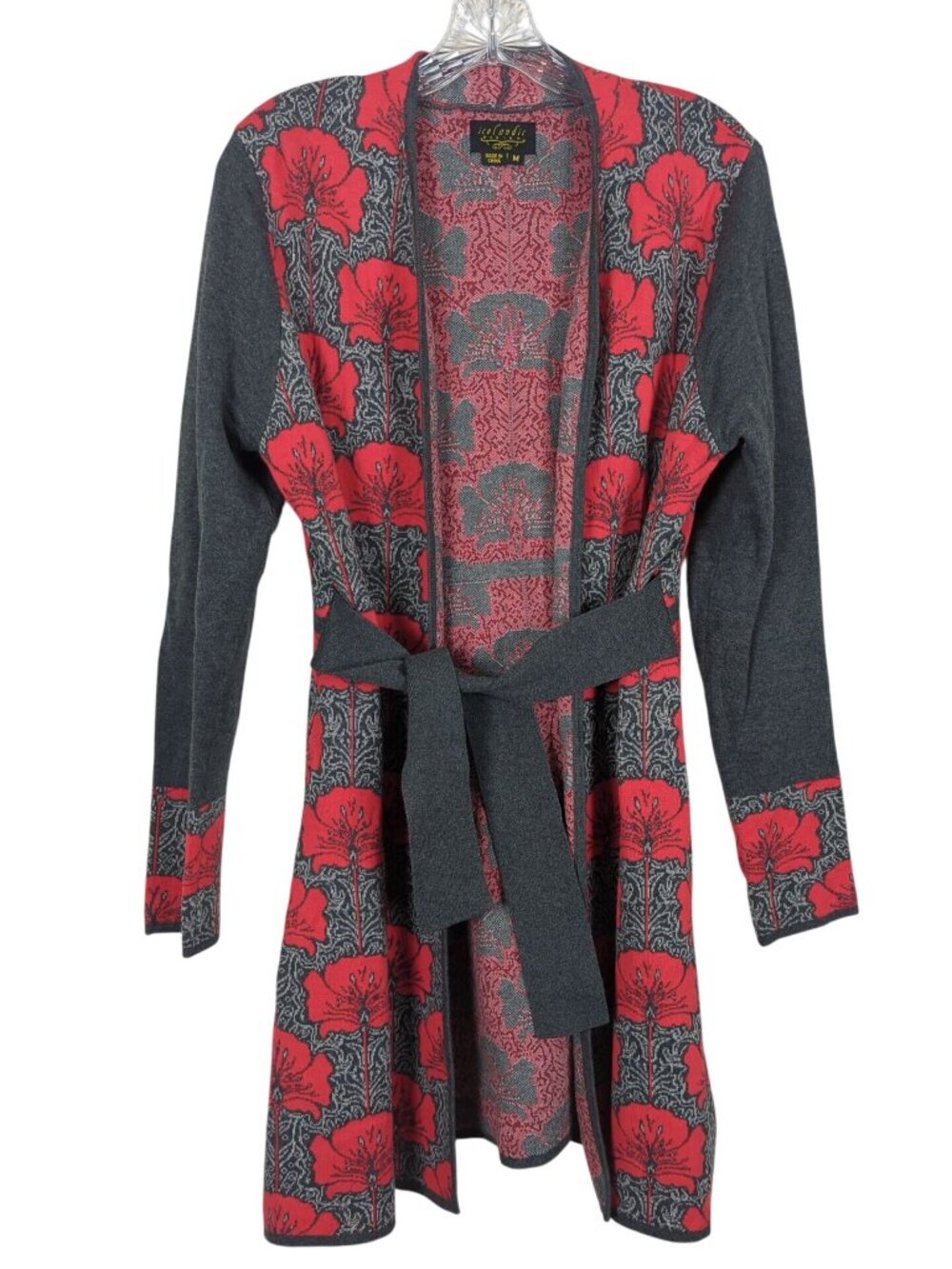 Icelandic Design Knit Cardigan Sweater red gray floral Womens M cotton